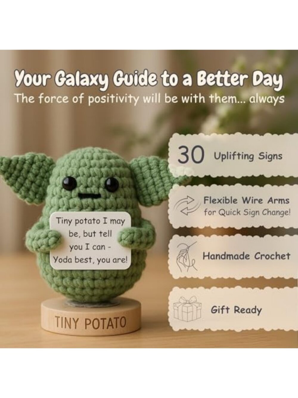 Handmade Baby Yoda Crochet | 30 Fun Affirmations | Unique Gift for Birthdays - Picture 3 of 7